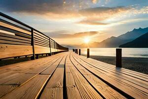 a wooden boardwalk leads to the ocean and mountains. AI-Generated photo