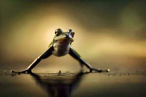 a frog standing on its hind legs with its legs spread. AI-Generated photo