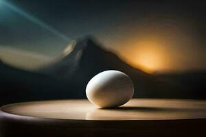 an egg on a table in front of a mountain. AI-Generated photo