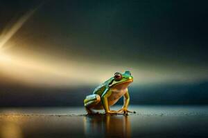 a frog is sitting on the ground in front of the sun. AI-Generated photo
