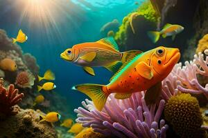 fish swimming in the ocean with coral and other marine life. AI-Generated photo