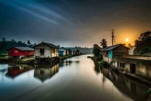 the sun sets over a river in front of houses. AI-Generated photo