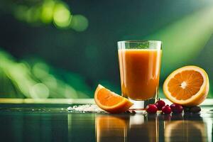 un naranja jugo con arándanos y rebanadas en un mesa. generado por ai foto