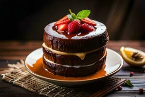 a stack of three layered cakes with strawberries and chocolate. AI-Generated photo