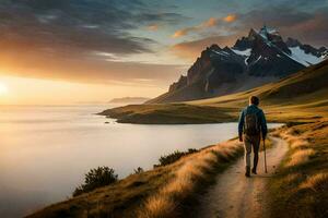 a man walks on a path in the mountains. AI-Generated photo