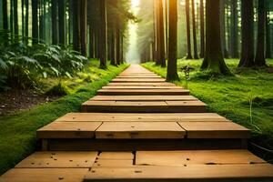 wooden path in the forest. AI-Generated photo