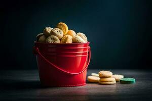 un rojo Cubeta lleno con galletas y un pocos pastillas generado por ai foto