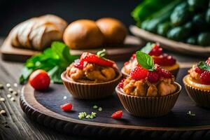 small cupcakes with strawberries and mint on a wooden plate. AI-Generated photo