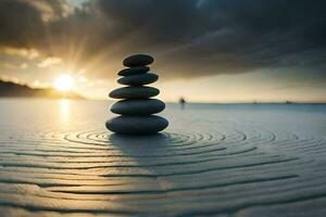 a stack of stones on the beach at sunset. AI-Generated photo