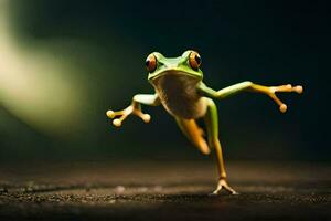 a frog is jumping on the ground. AI-Generated photo