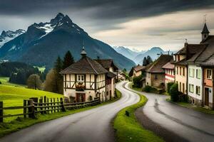 a road in the mountains with houses and mountains in the background. AI-Generated photo