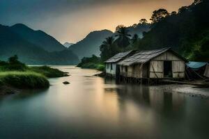 a small hut sits on the shore of a river. AI-Generated photo