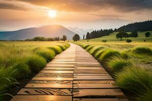 un de madera camino Guías a un herboso campo a puesta de sol. generado por ai foto