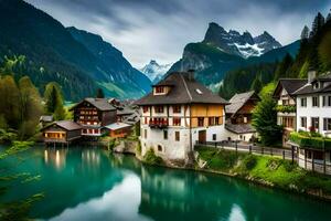 a beautiful mountain village with a lake and mountains in the background. AI-Generated photo