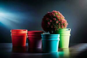 colorful buckets with a plant in them. AI-Generated photo