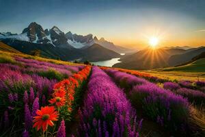 the sun rises over the mountains and flowers in the foreground. AI-Generated photo