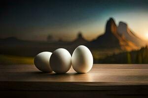 three eggs on a table with mountains in the background. AI-Generated photo