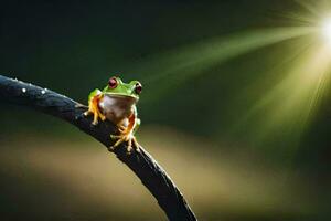 a frog sitting on a branch with the sun shining behind it. AI-Generated photo