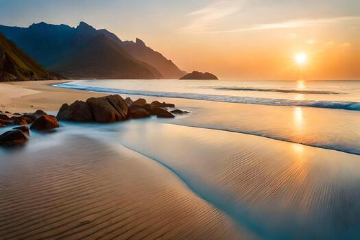 el Dom conjuntos terminado un playa con rocas y agua. generado por ai foto