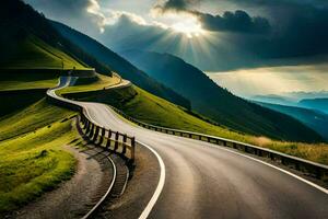 a winding road in the mountains with sun shining. AI-Generated photo