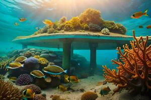 a coral reef with a wooden platform and fish. AI-Generated photo