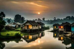 houses on stilts in the river at sunrise. AI-Generated photo