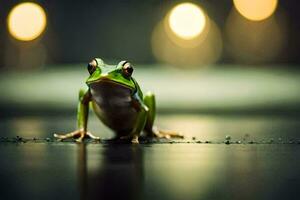 un rana sentado en el piso con luces en el antecedentes. generado por ai foto