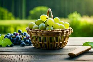 uvas en un cesta en un de madera mesa. generado por ai foto