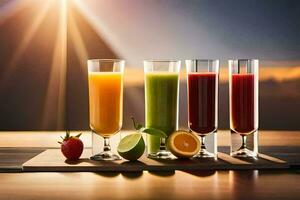 five different juices are sitting on a table. AI-Generated photo