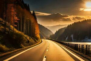 a road in the mountains with the sun setting. AI-Generated photo