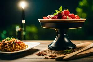 spaghetti and strawberries on a wooden table. AI-Generated photo