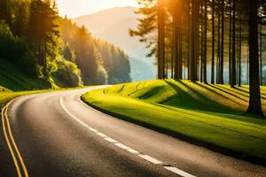 a road in the mountains with trees and grass. AI-Generated photo