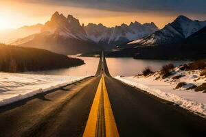 un largo la carretera con nieve cubierto montañas en el antecedentes. generado por ai foto