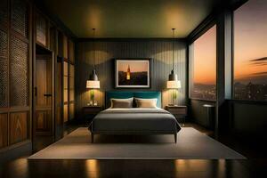 a bedroom with a view of the city at night. AI-Generated photo