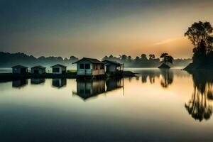 a lake with houses on it at sunrise. AI-Generated photo