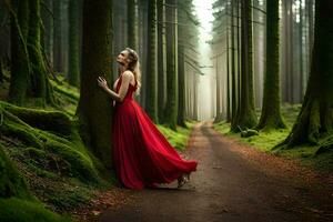 a woman in a red dress standing in the middle of a forest. AI-Generated photo