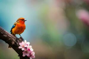 foto fondo de pantalla pájaro, el flores, primavera, el árbol, el pájaro, el flores, el. generado por ai