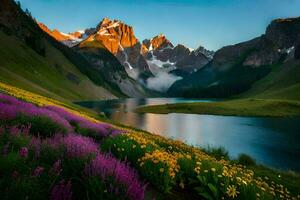 the mountains are covered with flowers and the sun is shining on the lake. AI-Generated photo