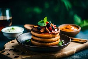 a stack of pancakes with sauce and cheese on top. AI-Generated photo