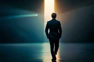 a man in a suit walks into a light. AI-Generated photo