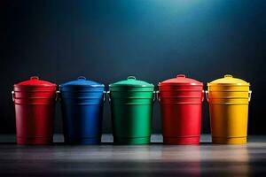 a row of colorful trash cans on a dark background. AI-Generated photo