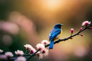 a blue bird sits on a branch with pink flowers. AI-Generated photo