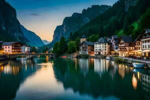 el pueblo de Hallstatt en el Alpes a oscuridad. generado por ai foto