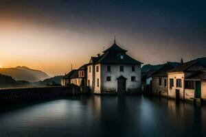 un casa se sienta en el borde de un lago a puesta de sol. generado por ai foto