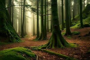 un camino mediante un bosque con cubierto de musgo arboles generado por ai foto