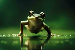 a frog is standing on the water with its eyes closed. AI-Generated photo