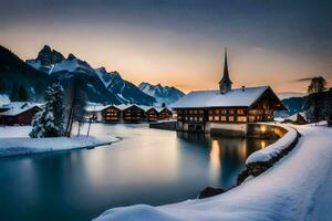 a beautiful winter scene with a lake and a church. AI-Generated photo