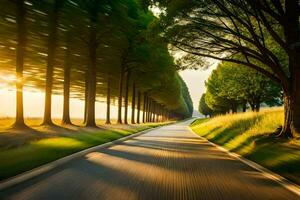 a long road with trees and grass in the background. AI-Generated photo