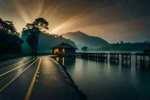 un largo exposición fotografía de un puente terminado un lago. generado por ai foto