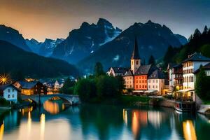 a town in the mountains with a river and mountains in the background. AI-Generated photo